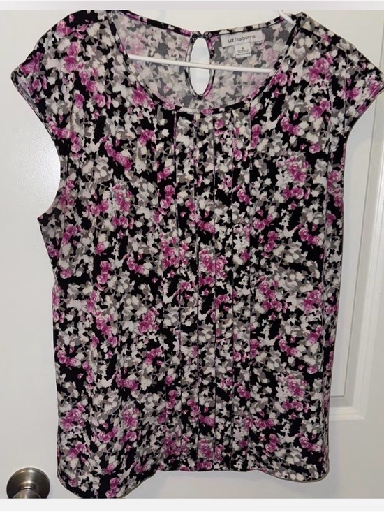 Liz Claiborne Tops - Liz Claiborne Black Floral Pintuck Cap-Sleeve Top - Pink & Cream Flowers